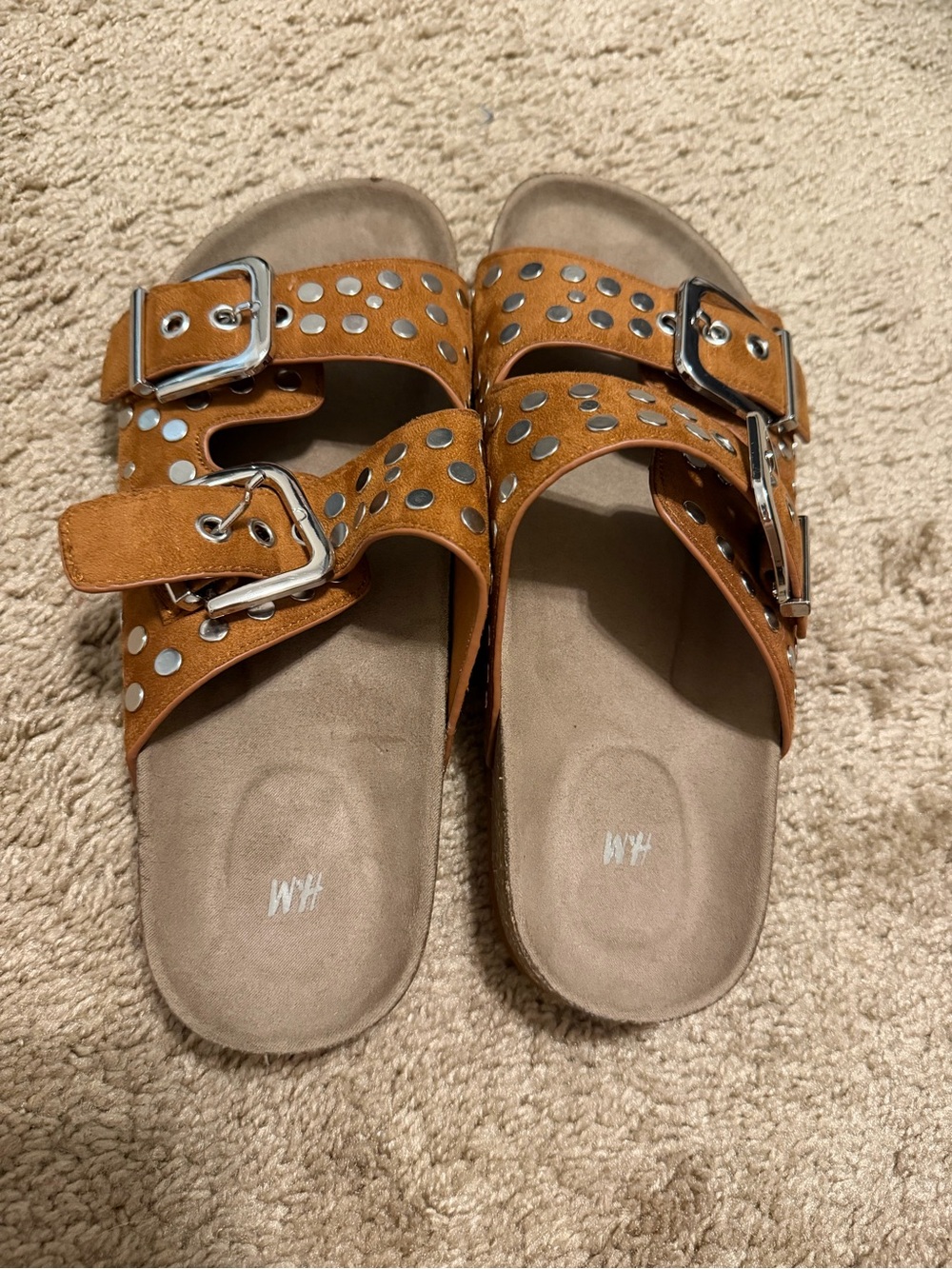 H&M Cognac Studded Double-Buckle Slide Sandals